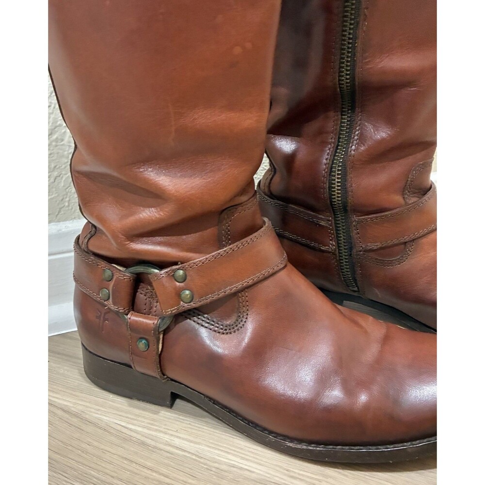 Frye Harness Brown Leather Knee High Riding Boots Zip Round Toe Women’s 8.5 B - Picture 4 of 8